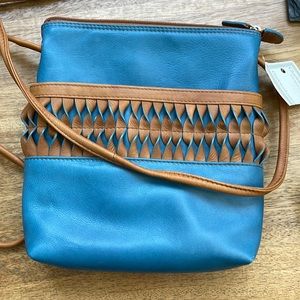 NWT Blue and Tan Leather Crossbody Bag with Leather Detailing